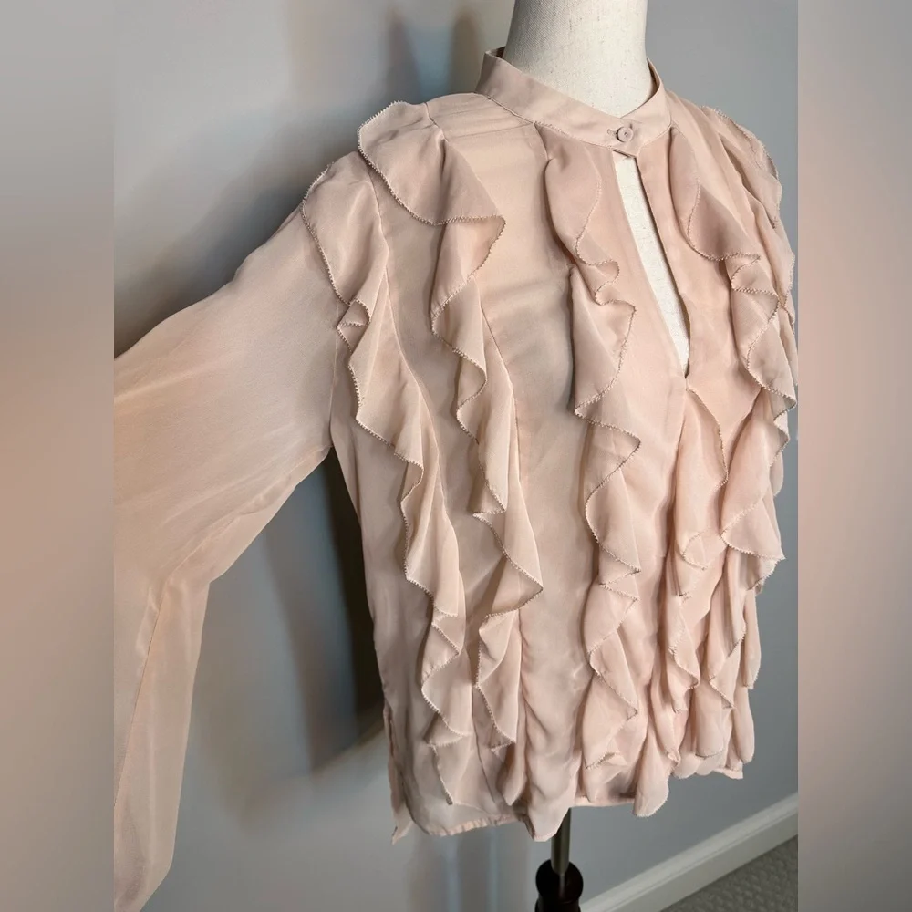 Sz M BCBG Maxazria blush pink ruffled long sleeve key hole sheer blouse